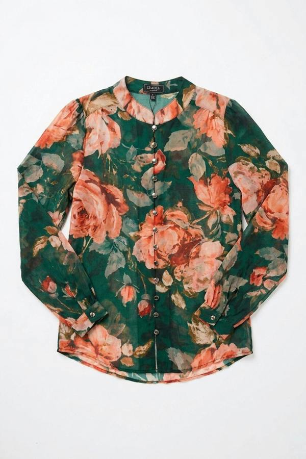 Green | Floral Long Sleeve Button Front Blouse