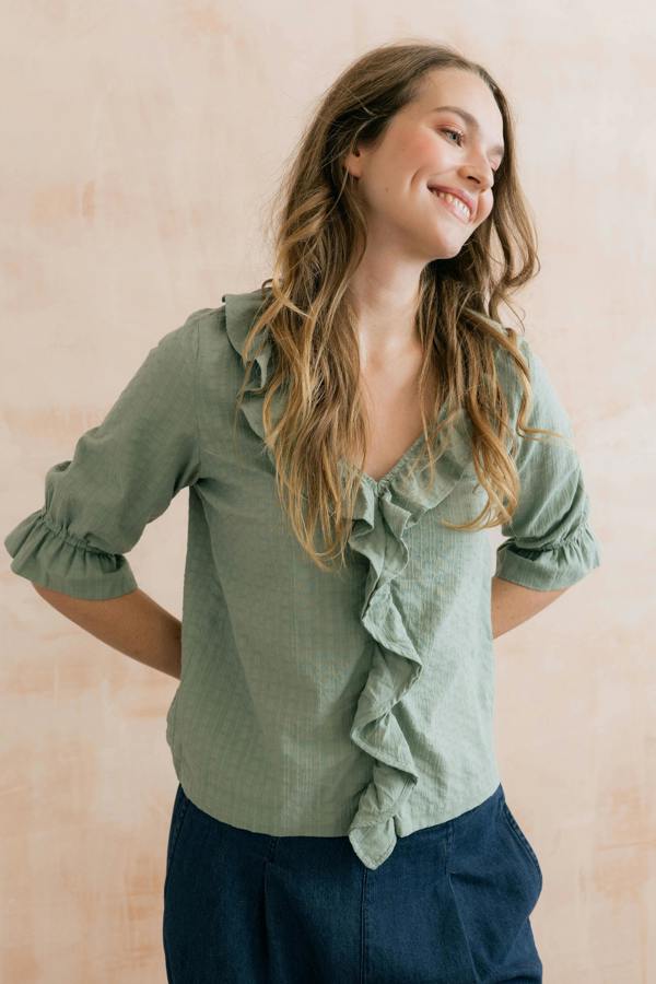 Lily & Me May Embroidered Cotton Frill Blouse Silver Sage
