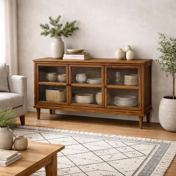 Wyld Haus Honley Dark Brown Wood 3 Glass Door Sideboard