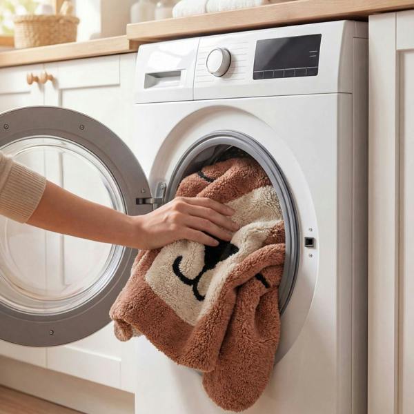 Person taking a towel out of a washing machine in a kitchen setting