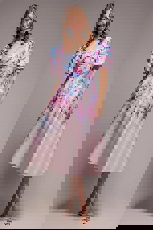 Printed Scuba Square Neck Puff Sleeve Midi Dress - Blush Pink DR4650