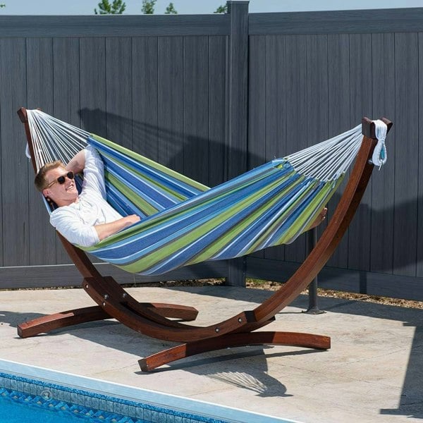 Vivere Double Cotton Hammock with Solid Pine Stand (260cm) - Oasis