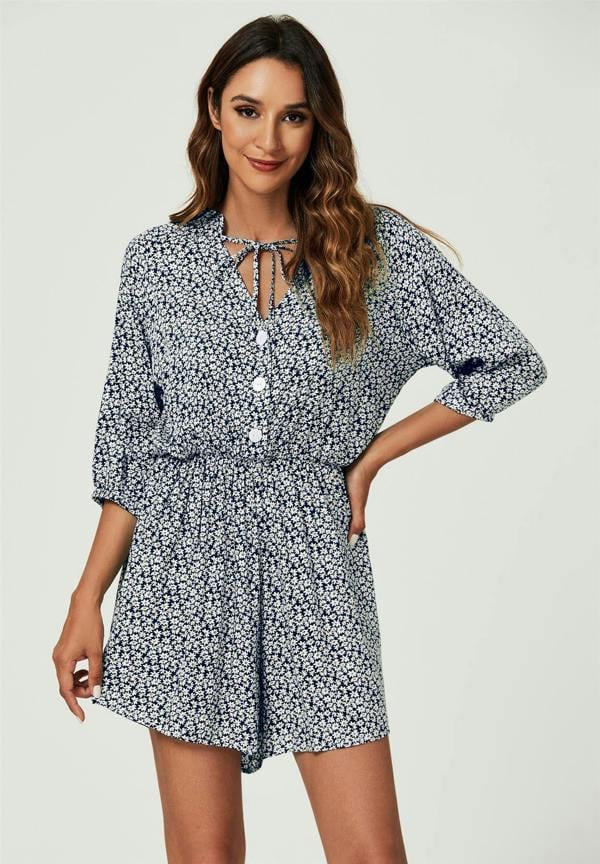FS Collection Daisy Floral Print Boho Playsuit With Buttons In Navy