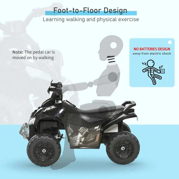 Black foot-to-floor ride-on quad with seat and handlebars, four knobby tires