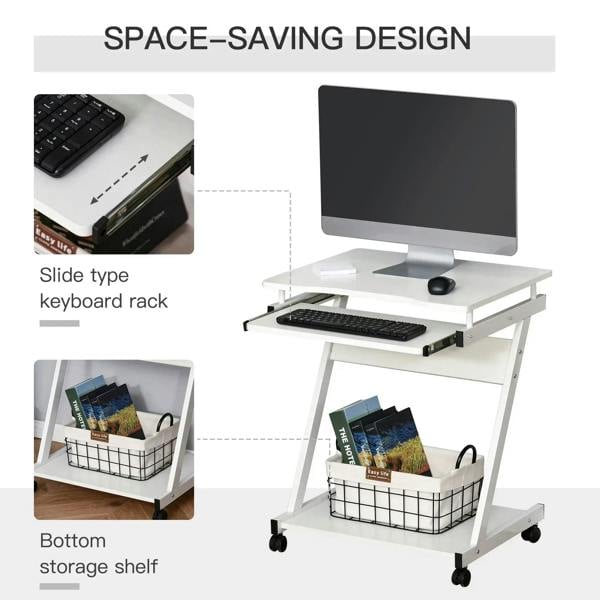 White desk with slide-out keyboard rack and bottom storage shelf on wheels
