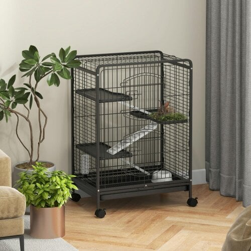 PawHut 4 Levels Small Animal Cage w/ Ramps, Bowl, Water Bottle, Tray, Wheels