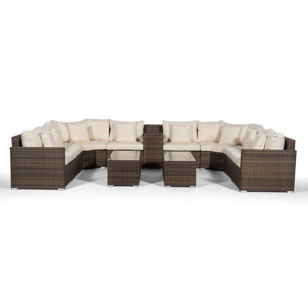 Giardino Santorini U Shape Modular 8 Seat Rattan Sofa Set With Armrest Drinks Cooler & 2 Coffee Tables