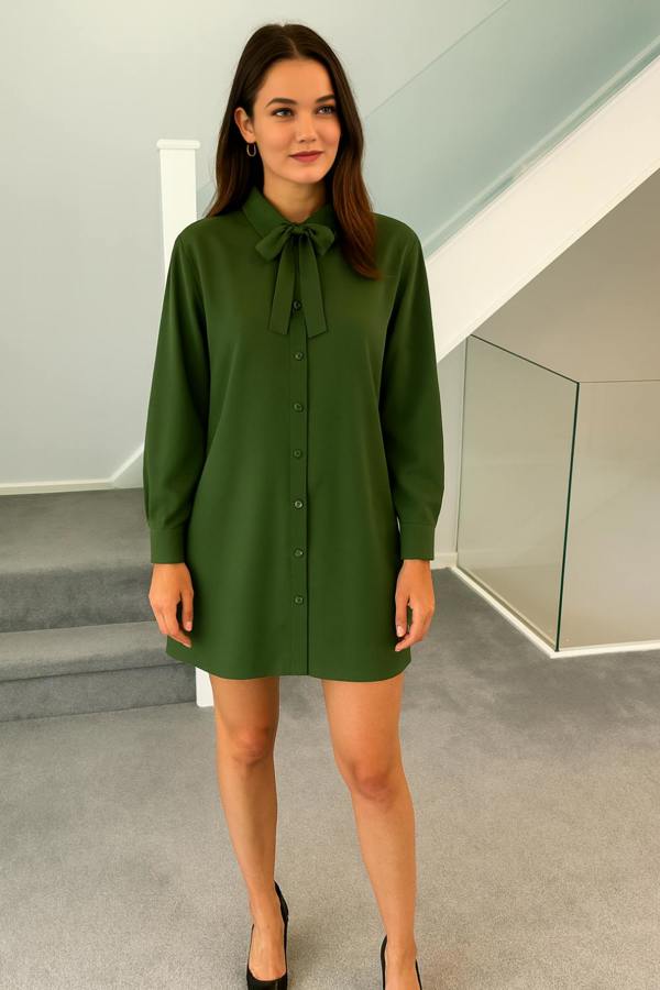 Hoxton Gal Oversized Belt Detailed Tunic Shirt Dress with Long Sleeves in Khaki