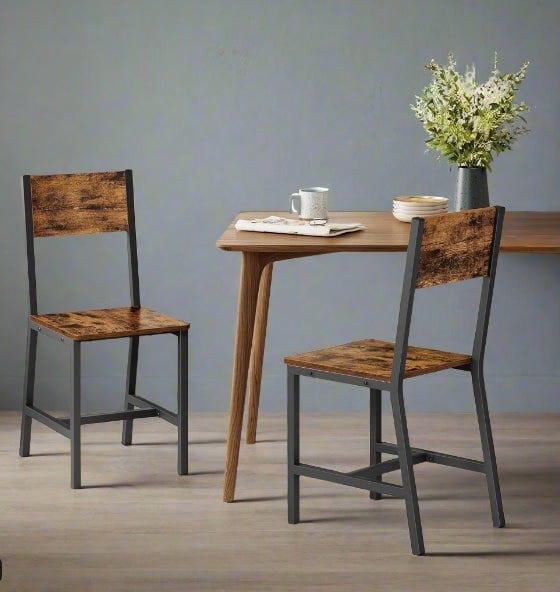 Modcraft Set of 2 Industrial Dining Chairs with Steel Frame and Rustic Brown Particleboard Seats
