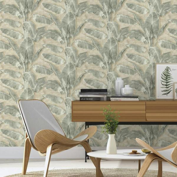 Rasch x Tesa Cuba Tropical Watercolour Banana Leaves Self Adhesive Peel and Stick Textured Wallpaper, Green