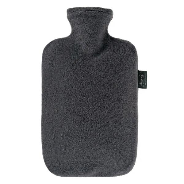 Charcoal gray fleece-lined Fashy hot water bottle cover, soft textured, 2L