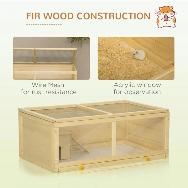 Natural wood hamster cage with wire mesh ventilation window and clear acrylic side