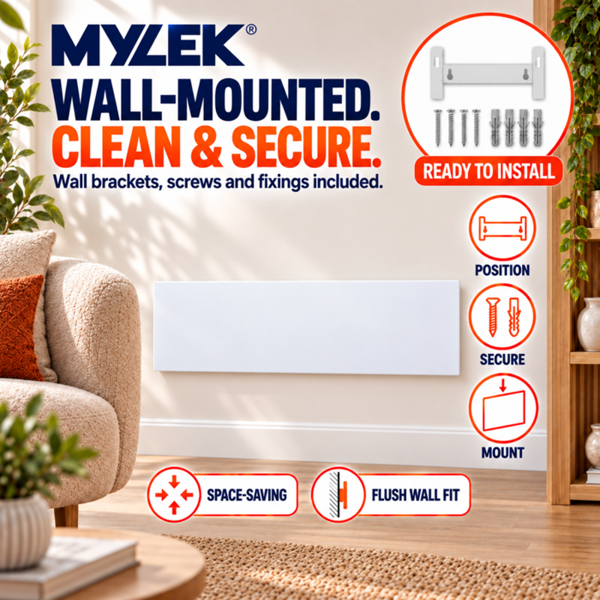 MYLEK Panel Space Heater White Low Level 1KW Eco, Smart and WiFi App Slimline Low Energy - Wall Mounted, Bathroom IPX4