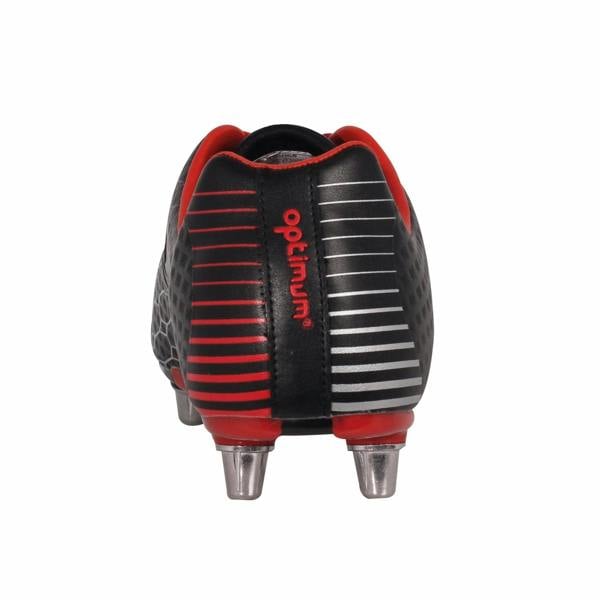Black Optimum Viper rugby boot, heel view with red logo, red and silver stripes and metal studs on white - Optimum