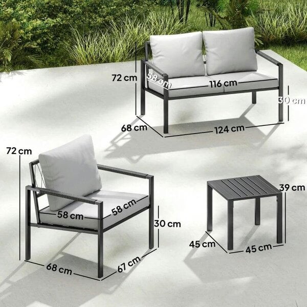 5 Piece Metal Garden Furniture Sofa Set with Thickened Cushions, Loveseat, 2 Armchairs, 2 Coffee Tables, Light Grey