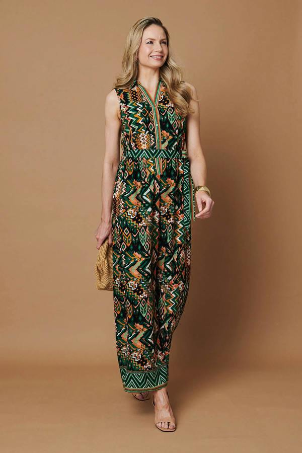 Green | Abstract Sleeveless Tie Waist Jumpsuit