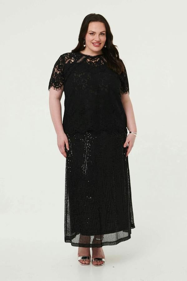 Black | Curve Sequin Layered Midi Skirt