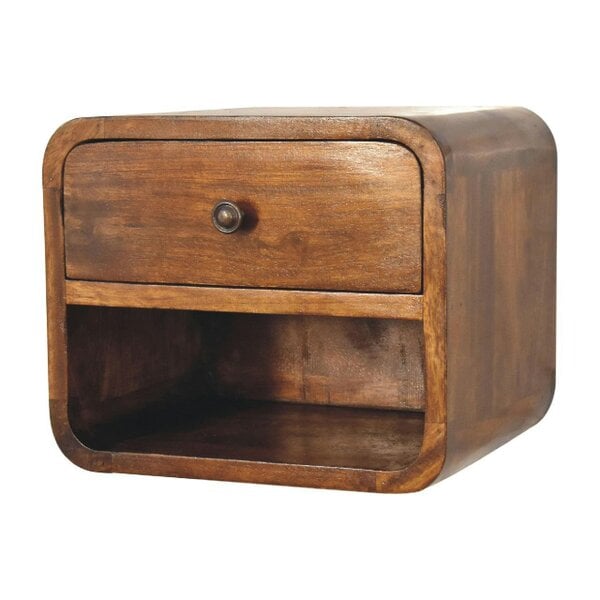 Wyld Haus Desenzano Mini Curve Mango Wood Floating Bedside Table with Drawer and Shelf