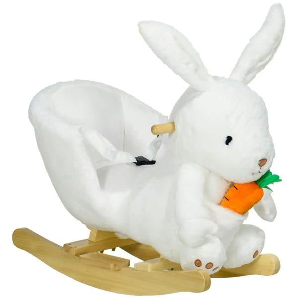 White rabbit-shaped rocking horse with safety belt and wooden rocking base