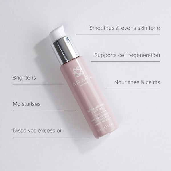 Bottle of Anara Replenishing Face Oil with product benefits listed