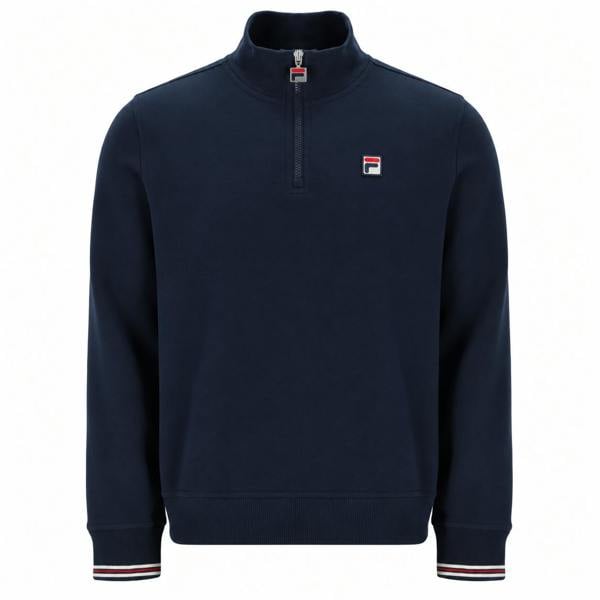 Fila Ramy navy blue quarter-zip sweatshirt with ribbed collar, cuffs, and signature logo patch on the chest.