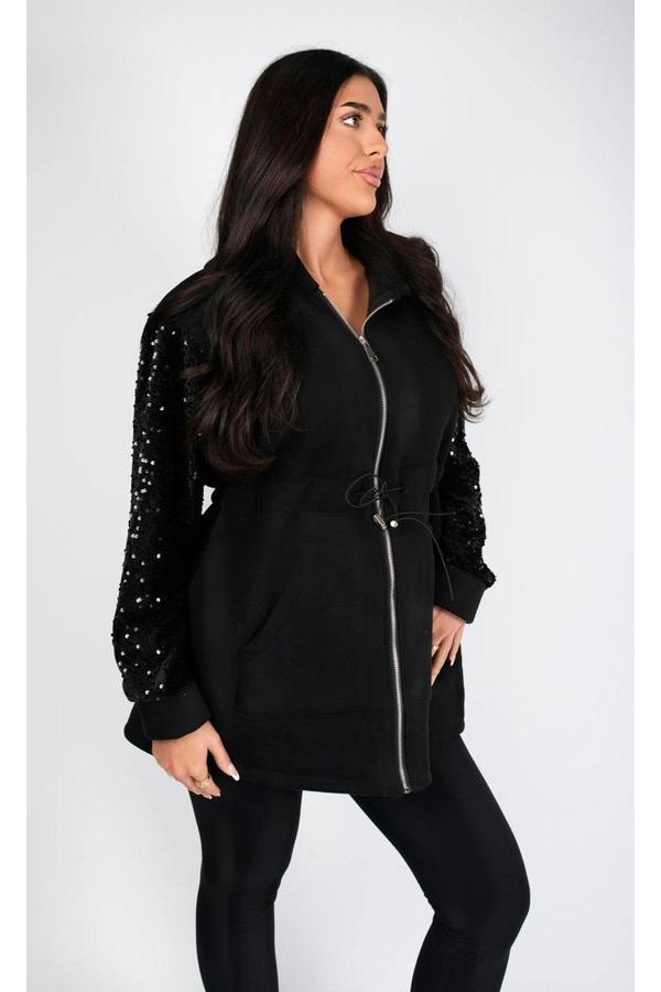 Evalora Zip Up Hoodie With Sequin Sleeve Detail - Wine