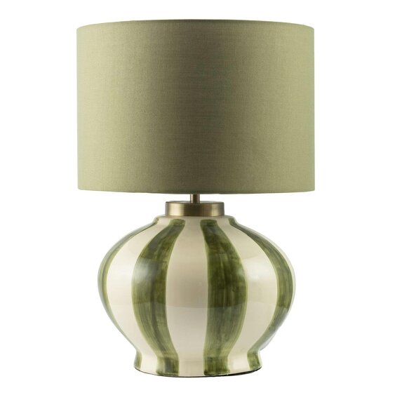 Happy Homewares Hand Brushed Olive Green Striped Ceramic Table Lamp with Fabric Shade