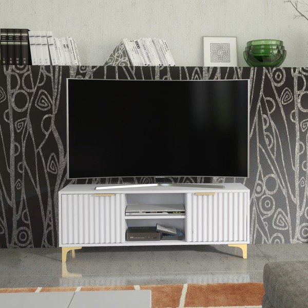 Mex Furniture Bold White 120cm TV Unit with Ribbed Fronts and Gold Accents