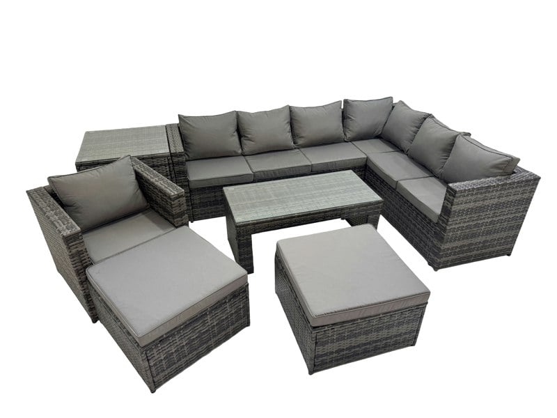 Fimous Outdoor Rattan Oblong Coffee Table Corner Sofa Sets Garden Furniture Set with Chair 2 Big Stools Side Table Dark Grey Mixed