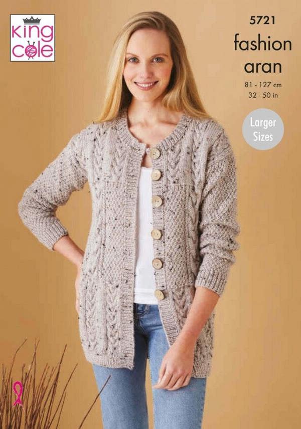 King Cole Fashion Aran Knitting Pattern 5721, Jackets, Waistcoats, Cardigans for Women, 32 - 50 Inches