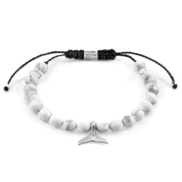 Anchor & Crew White Howlite Think Ocean Mini Whale Silver and Stone Macrame Bracelet