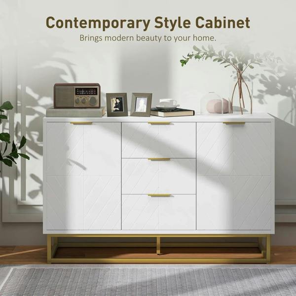White sideboard cabinet with geometric doors, center drawer stack, gold pulls, raised base.
