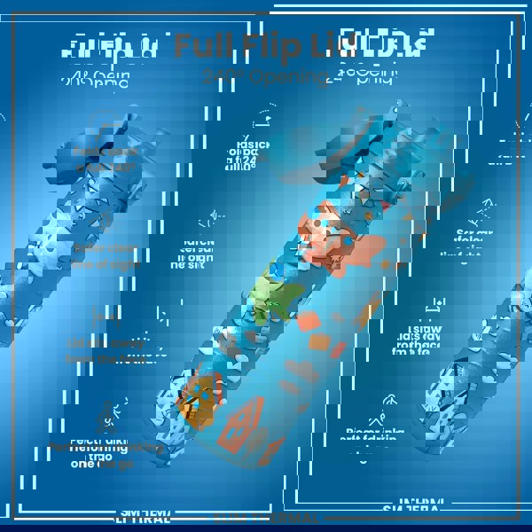 A teal water bottle, featuring a 240° flip lid and airplane-themed design, is shown against a blue background; it is marketed as ideal for on-the-go hydration.