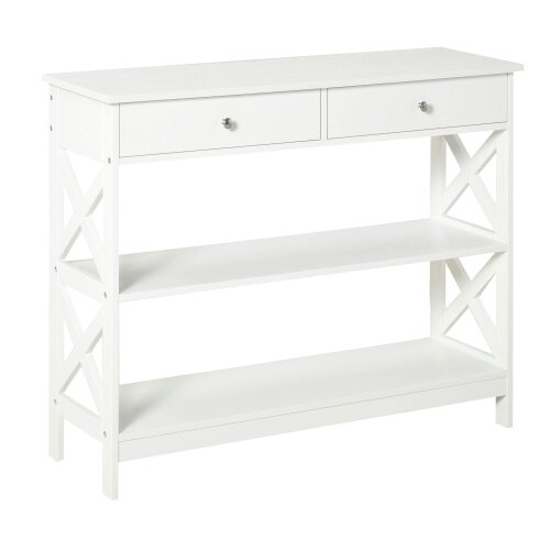 Wyld Haus Ralupa 100cm Wooden White X Frame Console Table With Drawers And Open Shelving