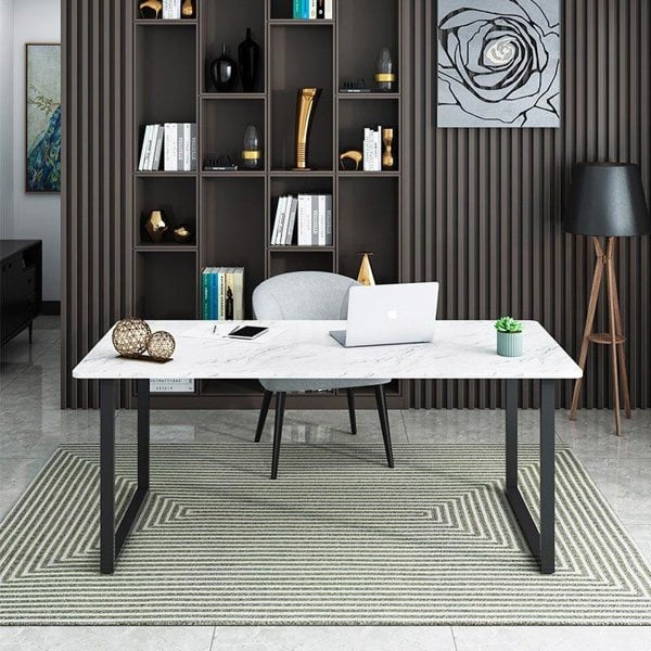 Detail view of Casson Office Desk, Sintered Stone with office desk lamps