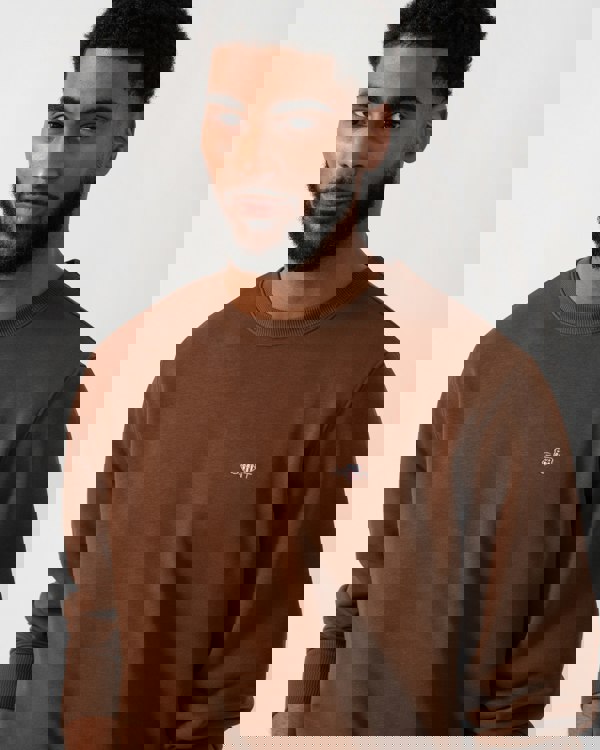 Close up shot of a model wearing a GANT Mens Regular Fit Shield Logo Crew Neck Sweatshirt in Mahogany Brown