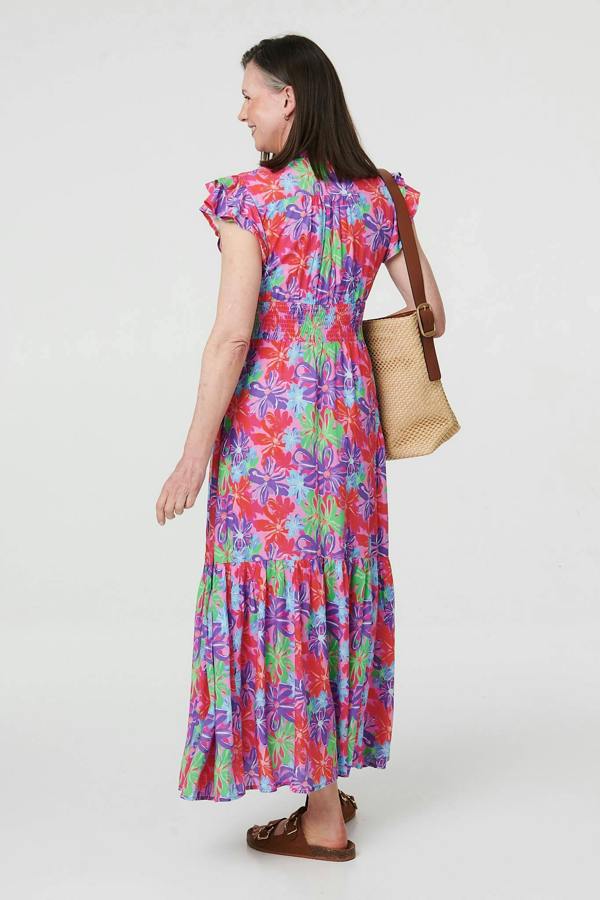 Red | Floral Cap Sleeve A-Line Maxi Dress