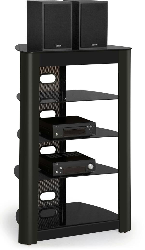 Homeology ZINNIA 5-Tier Gloss Black Fascia with Black Glass Shelves Entertainment Media Audio Rack