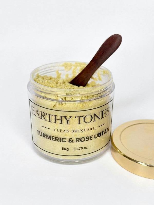 Earthy Tones 9 Turmeric & Rose Ubtan (facemask) 50g jar with lid open 