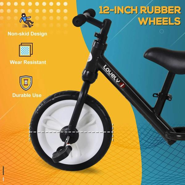 Kids black balance bike with front wheel and fork, showing rugged wheel tread