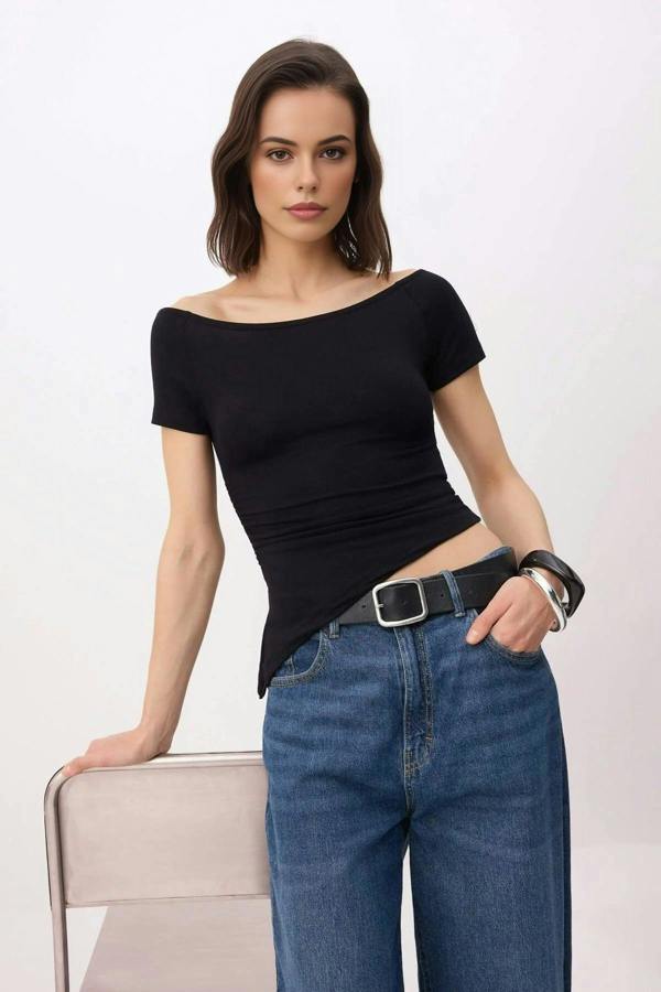 WOVCOR Fitted Boat Neck Short Sleeve Soft Knit Blouse