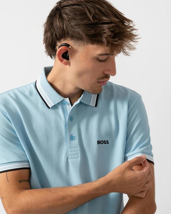 BOSS Green Paddy Mens Cotton-Piqué Polo Shirt with Contrast Logo - Light/Pastel Blue 455 - CHO - Designer Mens Short Sleeve Polo Shirts