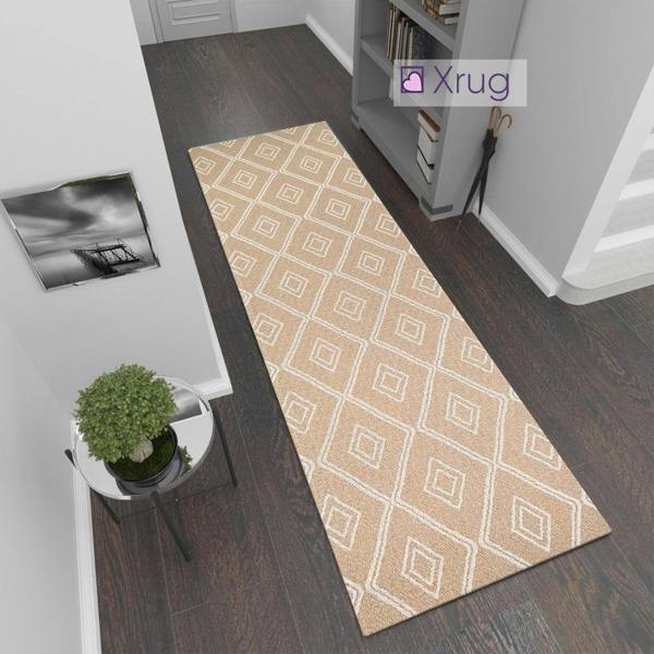 Cotton Washable Rug Beige Mustard Diamond Flat Weave Carpet Large Small Runner - 75x300cm (2'5"x9'8")