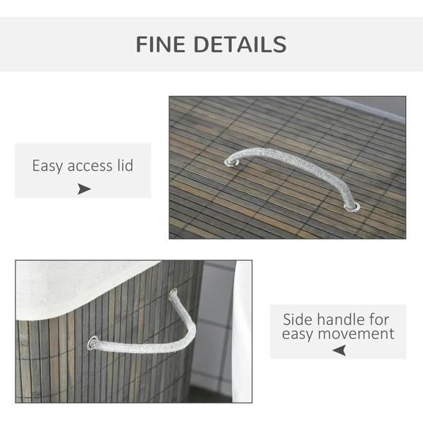 Grey laundry hamper showing close-up lid handle and side string handle for easy lifting