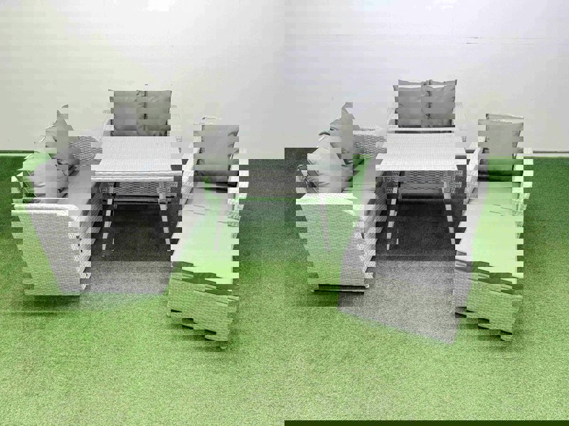 Fimous 6 Seater Outdoor Rattan Garden Furniture Set Love Sofa Reclining Chair Set with Rectangular Dining Table Big Footstool Light Grey