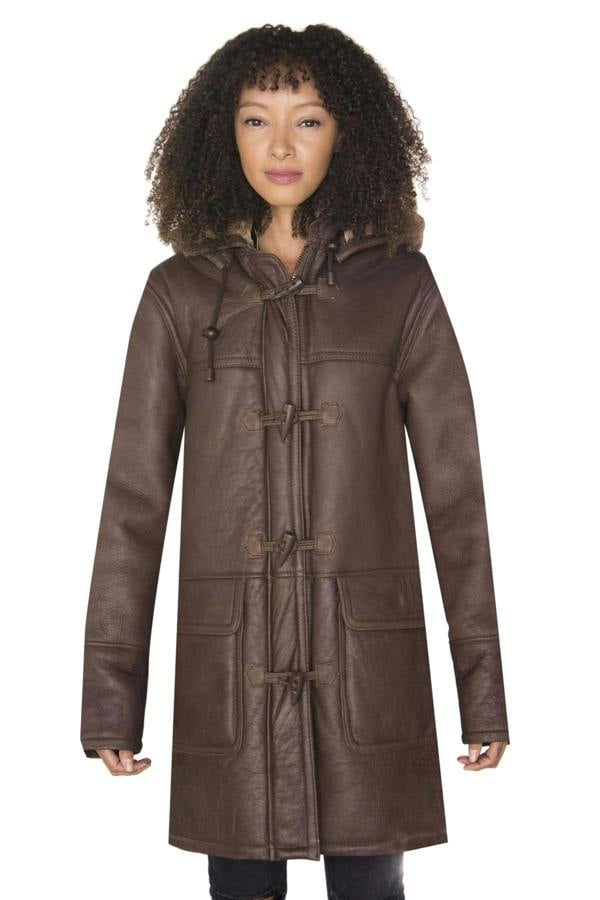 Infinity Leather Womens Brown Hooded Sheepskin Leather Duffle Coat-Rugby