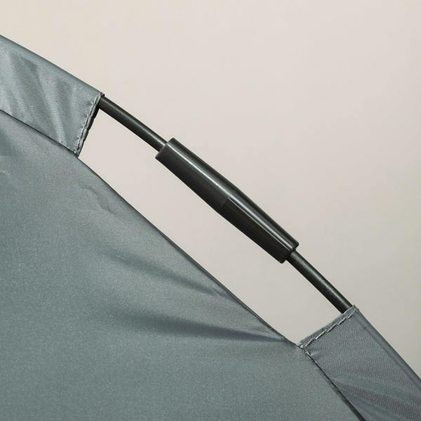 Grey canopy arm and frame detail on elevated pet cot