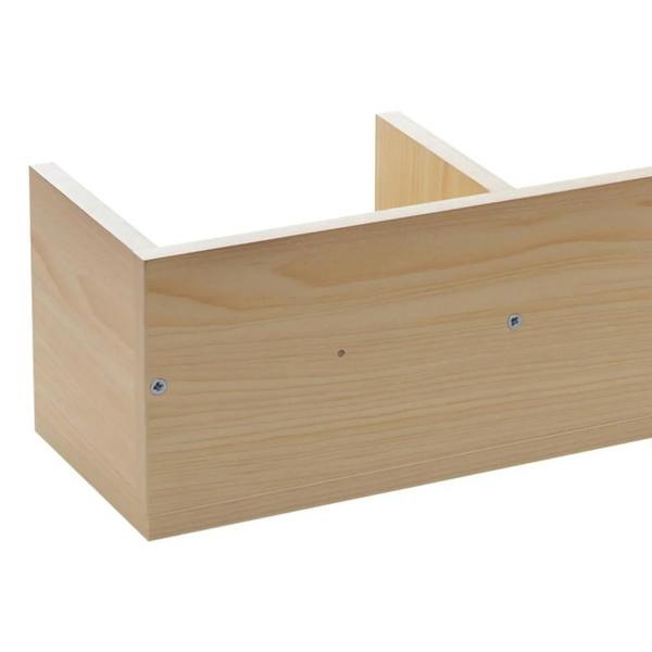 Natural wood shelf end panel with mounting hardware, four-cube media organizer