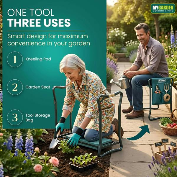 My Garden Outdoor Living My Garden Kneeler & Stool with Handles-3-in-1Folding Garden Weeding Stool, Garden Kneeling Bench with Tool Bag & Claw Gloves