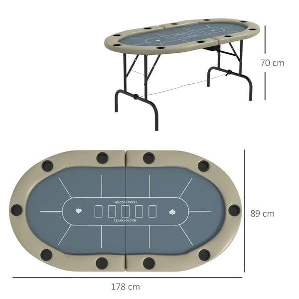 Foldable poker table shown side and top view, blue felt, beige frame, cup holder holes